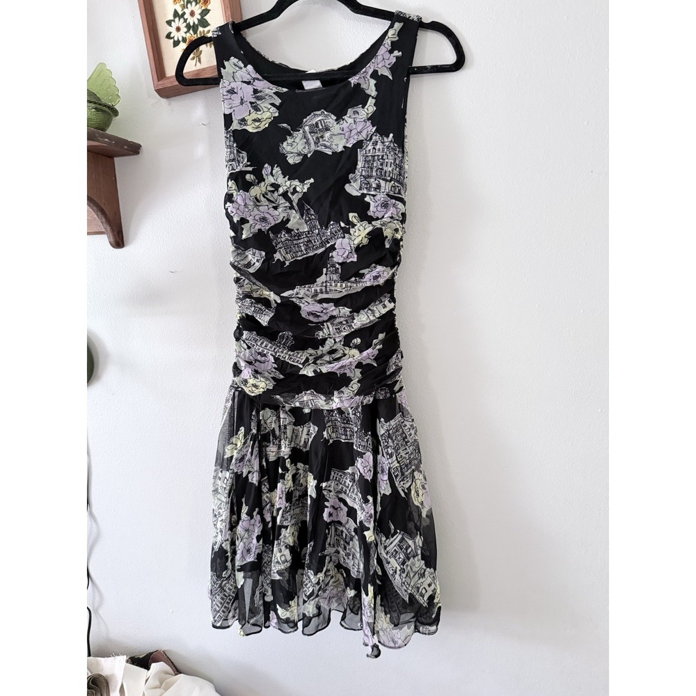 Floral Cityscape Y2K Mesh Fairy Goth Fit & Flare Dress Ruched Sz 8 Nine West - Picture 1 of 8
